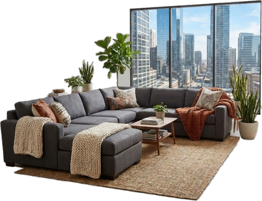 Modern living room with a grey sectional, jute rug, plants and a city view